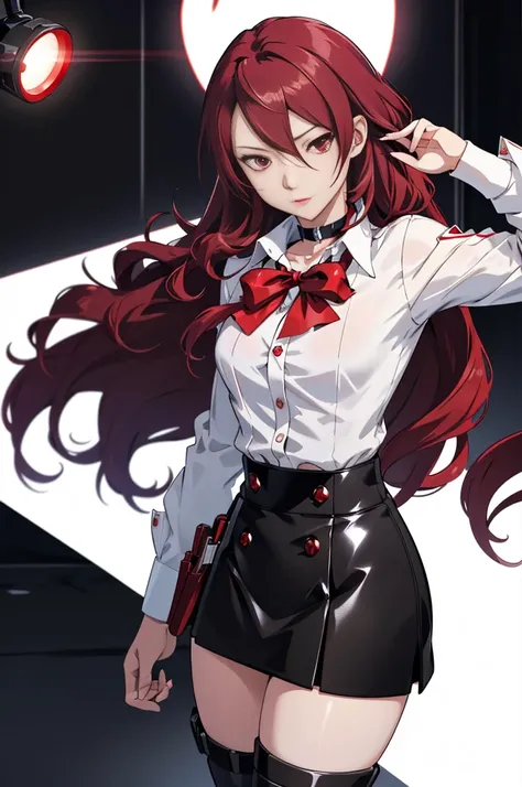   The best quality , ( masterpiece :1.3),  cinematic lighting , ultra-detail, (highres:1.1), mitsuru kirijou, long dark red hair, ( hair covering a right eye ),  detailed eyes , red eyes, choker:1.6, red bow on the chest , ((White buttoned shirt)), (shiny ...