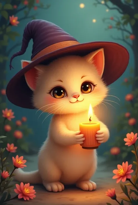  An image Written by Kitty Velas with a kitten wearing a witchs hat , holding a candle with positive energy coming out of it  