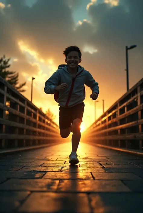  the protagonist sprinting across a bridge, with lights and shadows chasing them, representing time and opportunities passing. As they run, they smile and look forward with confidence.