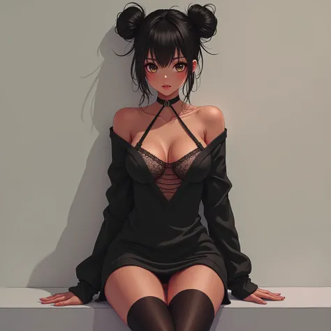 Sexy Black skin woman Anime, sexy  revealing in sweater dress, a triangle middle breast, chess strings, bottom, pantyhose, feet, knee-high boots sweater dress, showing the strapless, brawl and panties hairstyle Black Hair, Double Bun, 