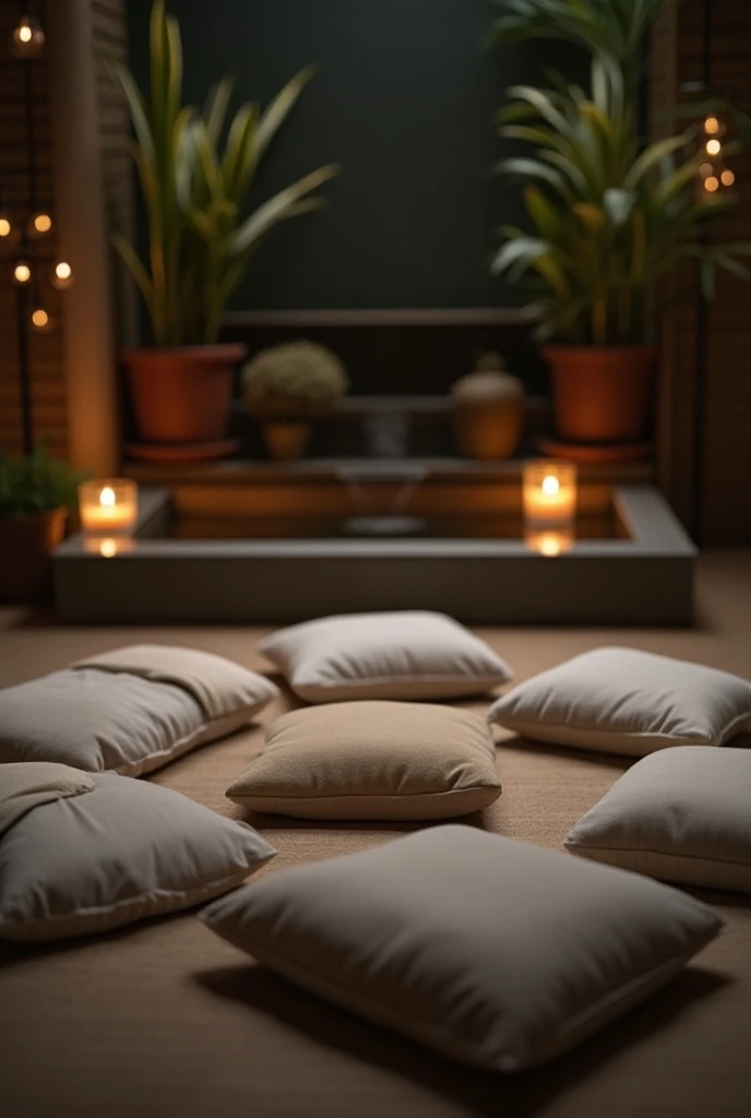 **A Tranquil Meditation Space with Soft Lighting, Cushions, and a Gentle Water Fountain**

**Details:**

- **Setting and Layout:**
   - A serene meditation space is centered around a cluster of plush cushions in calming neutral tones like soft beige, cream...