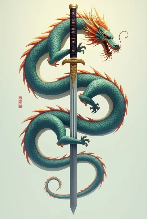 A Chinese dragon binded itself around a Katana, without background
