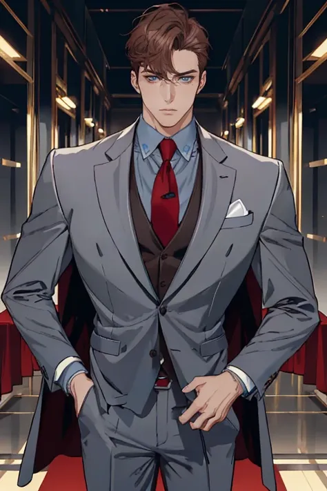 ((master part:1.2,  Better quality)), 4K, 1 man, adult, maduro, beautiful,  very short hair , head, gray suit and red tie, portrait,  extremely detailed face , defined body,  light blue eyes,  brown hair (muscle:1.4, ombros largos:1.4, disciplined body)