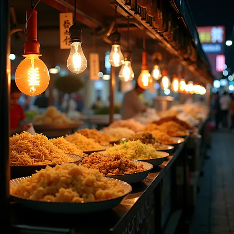 In a Thai night market, various street snacks are displayed on stalls. Stir fried rice noodles, mango glutinous rice, fried Spring rolls, coconut ice cream, etc. are rich in color and fragrant. The vendors warmly greeted the customers, who tasted in front ...