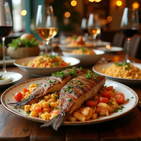 In a Mediterranean style restaurant, a sumptuous seafood feast is served on the dining table. Grilled fish, seafood pasta, Spanish seafood rice, Greek salad, etc., with rich colors and strong aroma. The tableware and decorations are full of Mediterranean s...