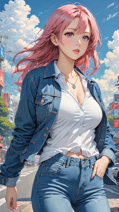 1girl, solo, pink_hair, long_hair, jacket, red _eyes, shirt, parted_lips, white_shirt, pants, denim, jewelry, breasts, blue_jacket, necklace, open_clothes, lips, sky, day, open_jacket, medium_breasts, long_sleeves, nose, jeans, looking_to_the_side, anime