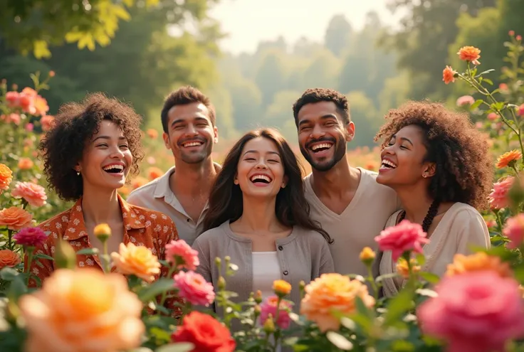 Happy people in a stunning flower garden 