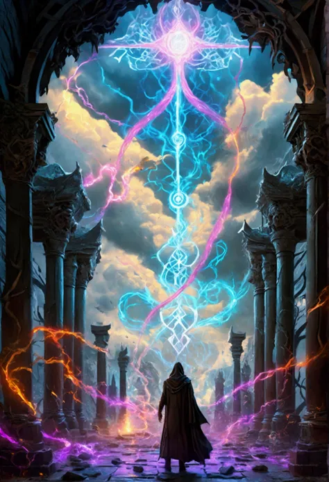 A detailed, cinematic, and highly detailed digital painting of a mystical domain expansion, with a powerful sorcerer casting an arcane ritual, glowing sigils and runes swirling in the air, dark clouds and ominous lighting, intricate architectural structure...