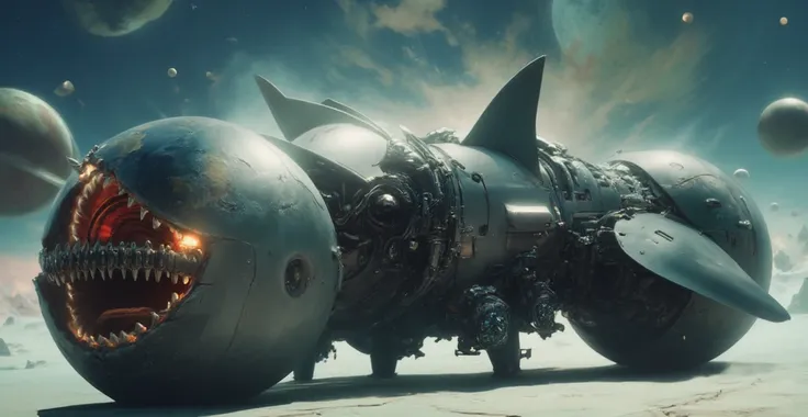 Large mechanical weapons in the shape of sharks gnawing and eating the earth, with the solar system visible in the background.