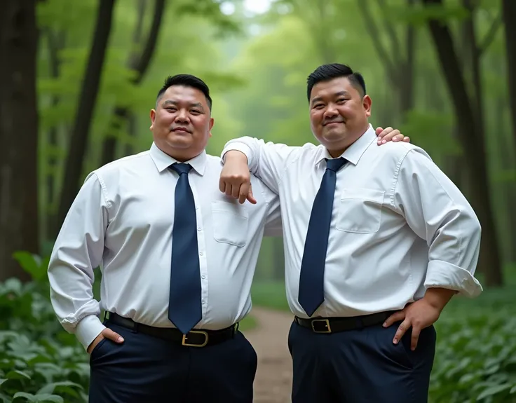  best quality on the tree, Face Focus,  Ultra High Resolution , (Reality:1.4), RAW photo, Two obese young Chinese men in suits，Short hair flat head，Lips tightly closed，Dark blue tie、Tight white shirt、 shirt tucked into pants ，make a fist，Facing the camera，...