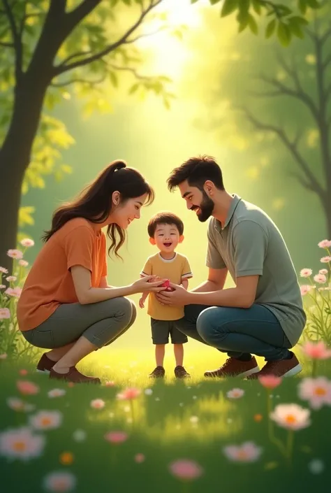 Father and mother and son playing in the park