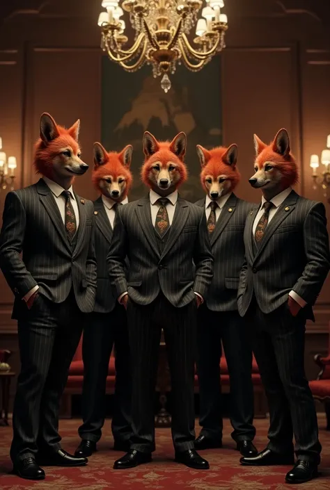 Five muscular anthropomorphic maned wolves, all representing Minas Gerais, standing in a grand mafia headquarters within a historic mansion. They are dressed in dark gray pinstriped suits, gold cufflinks, and pocket watches. Their tattoos include images of...