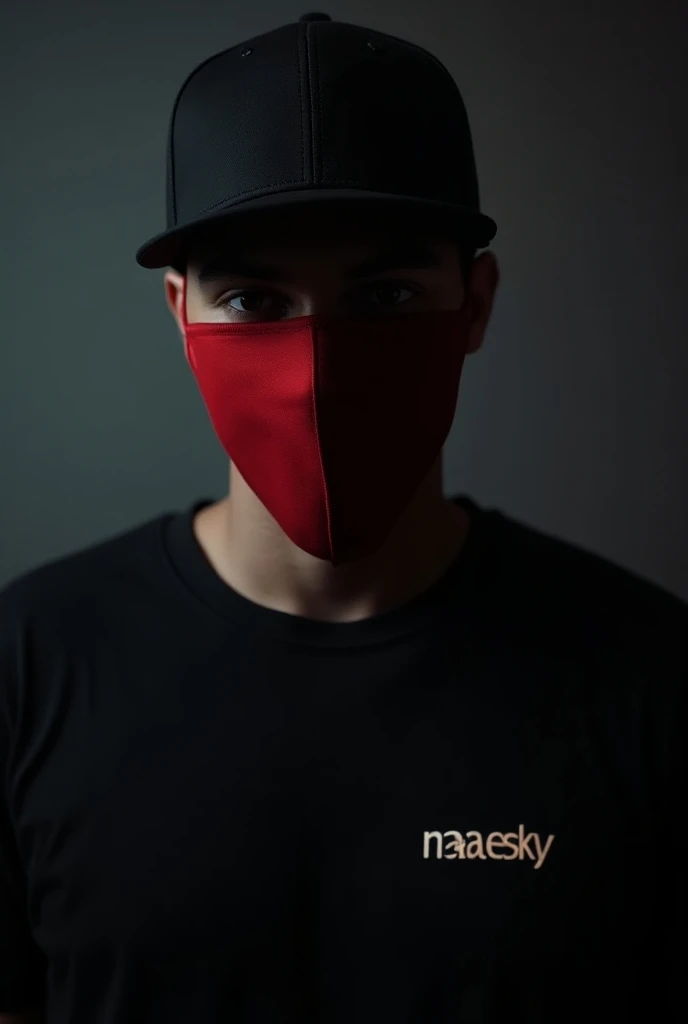 a man in a red mask, baseball cap on forehead, black t-shirt with "MAAUSKY" text, high quality, 8k, masterpiece, photorealistic, intricate details, cinematic lighting, dramatic shadows, intense colors, dark moody atmosphere