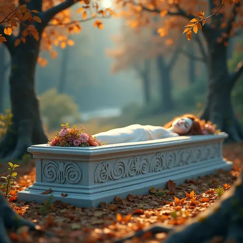 Snow-white animation, a white stone coffin with flowers around the coffin, in the middle of the autumn forest