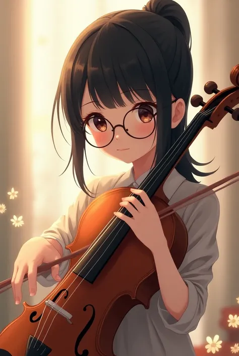 black haired anime girl with glasses playing biola with ponytail