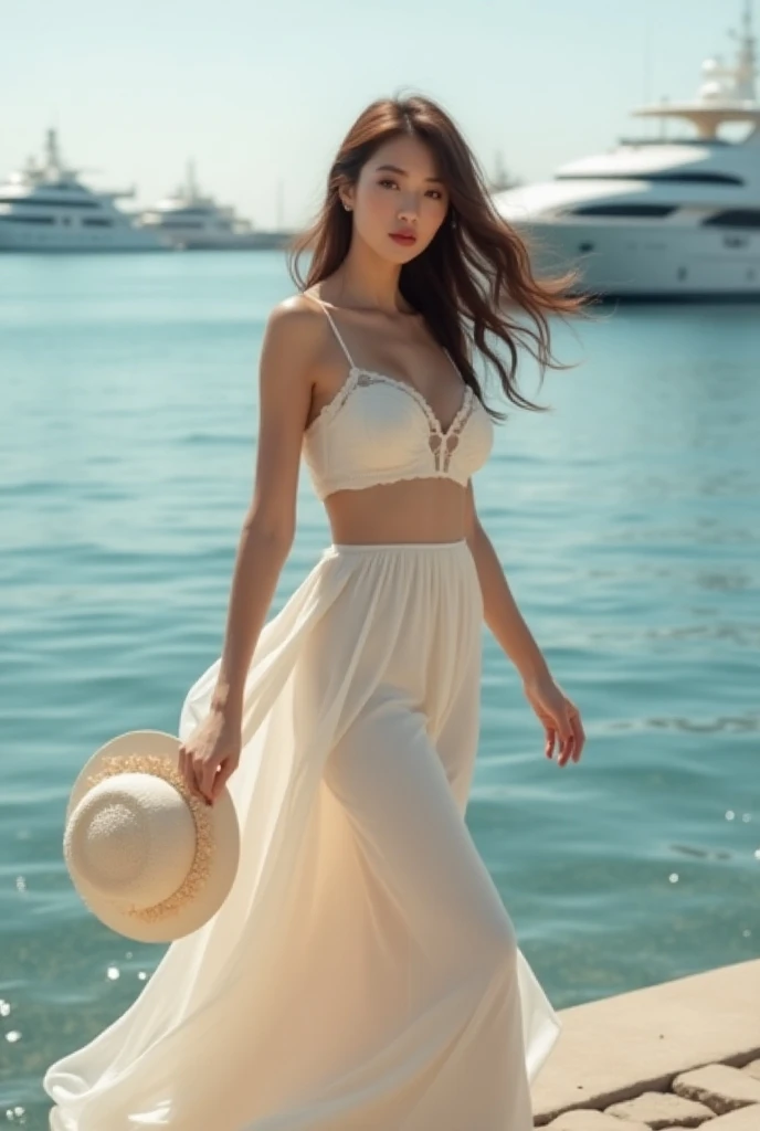  A girl with an hourglass figure in a romantic look — a light top and a floor-length flying skirt.  She is walking along the waterfront by the sea ,  holding a hat . hair fluttering in the wind.  looking at the camera . Charming smile and serious look. bac...