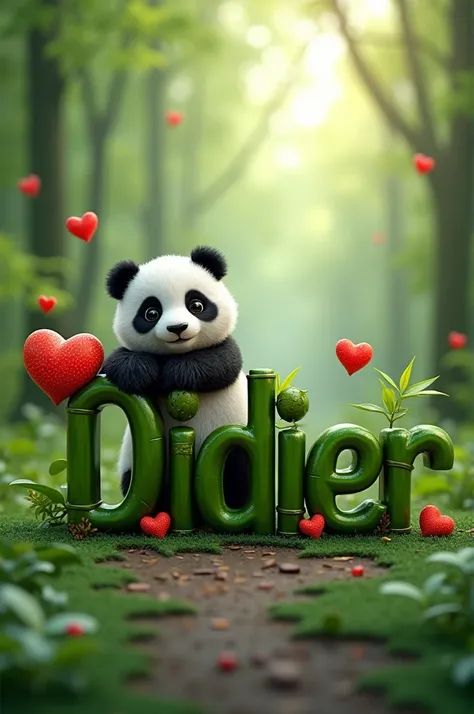 Un rendu 3D du nom "Didier" écrit dans une police inspirée du bambou. Chaque lettre est ornée dune petite feuille verte vive. Un adorable bébé panda repose sur la lettre "H". Latmosphère est sublimée par des cœurs rouges délicats avec des bords scintillant...