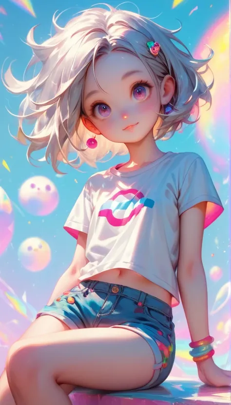   cute girl with silver hair cute girl .  very cute , Round face . Lonely , slim ,  short stature  .   Glowing Skin  . Pure white tube top T-shirt .  shorts ,  Colorful background  , Gazing at the audience&#39;Slim and sexy legs，  under your eyes((Transpar...