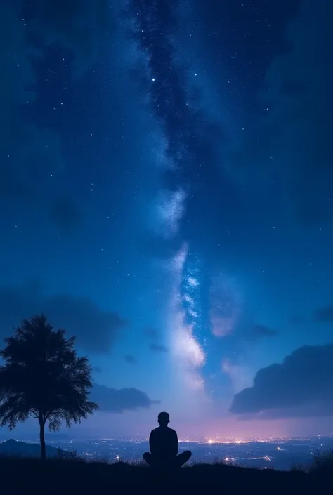 octans, sky, star (sky), scenery, starry sky, night, man, night sky, solo, outdoors, building, cloud, milky way, sitting, tree, city, silhouette, cityscape --auto --s2