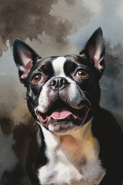 A watercolor of a Boston Terrier looking up at camera