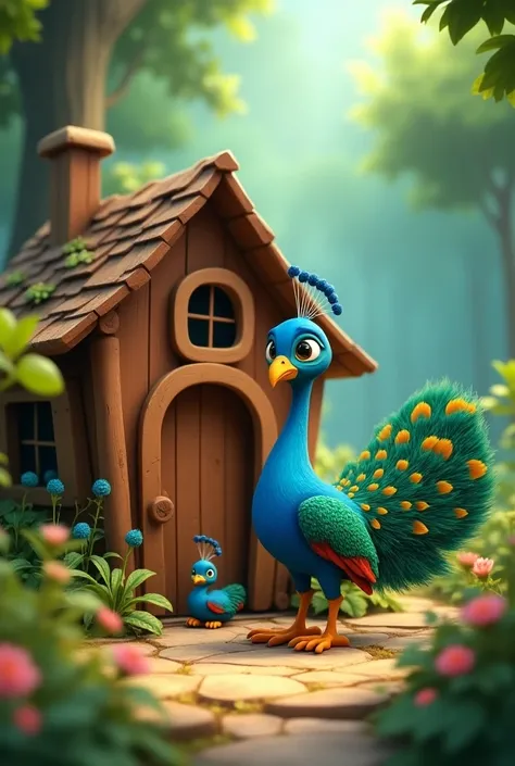 Cartoonic image of  a bright, colorful forest in 
 a wood house lived a beautiful Mama Peacock with her shiny blue and green feathers. By her side was her tiny baby peacock, Piku eating together in their home in 3d animation 