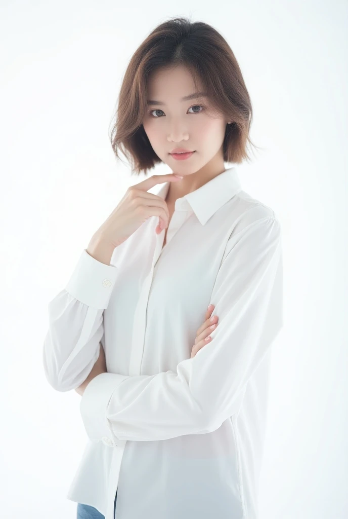 Trainee of Survival SM entertainment (The Next One). Her name is Zhang Qiang. Photoshoot background white and wear white shirt. 