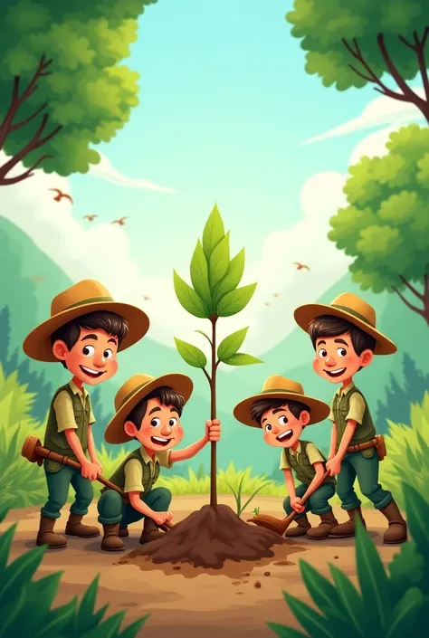 5 people with a uniform of foretry in social forestry cartoon planting plants remove background