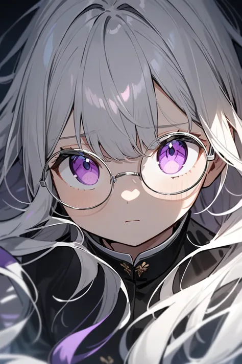 Anime girl, silver hair, violet eyes, silver rimmed circular glasses, black jacket, apathetic, emotionless, beautiful, best quality, young