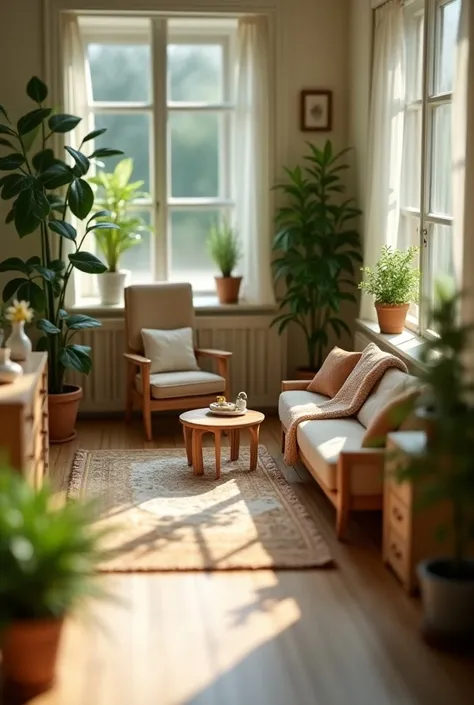 Une maquette miniature faite à la main de a à z, cest une chambre cozy, avec quelques meubles, de la décoration et des plantes vertes 
