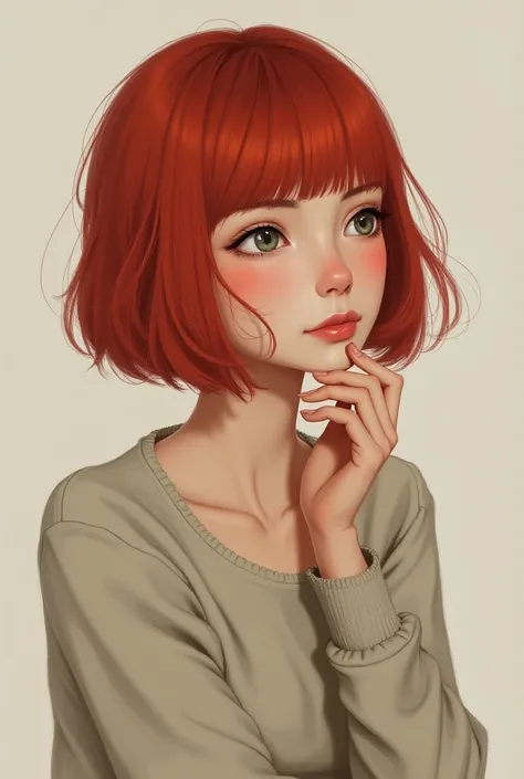 Girl with red hair,square hairstyle,looks thoughtfully with his fingers to his chin