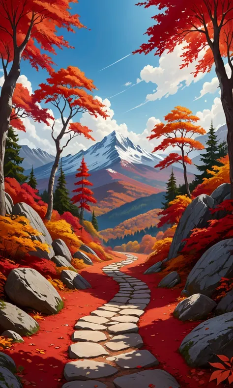 A stunning landscape image featuring a stone path leading through a forest with vibrant red autumn foliage. The scene includes tall trees with bright red leaves forming a canopy overhead, framing a view of distant snow-capped mountains under a cloudy sky. ...