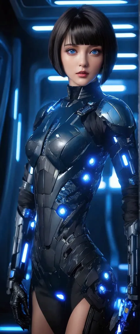 (  best quality, 4K, 8k,  High Resolution  , masterpiece: 1.2), (  very detailed, Realistic, Realistic:1.37), Woman in futuristic costume , The female wears exoskeleton cyber armor 、 inside a spaceship illuminated by advanced blue light 、 With bangs ,  Wom...