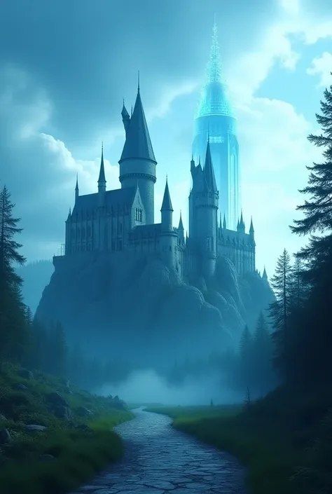 le château de poudlard comme dans harry potter avec en arrière plan une tour en transparence tel un donjon, le ciel doit être bleu ciel pour une nouvelle naissance, la forêt interdite est sombre mais un passage vers la tour-donjon transparent