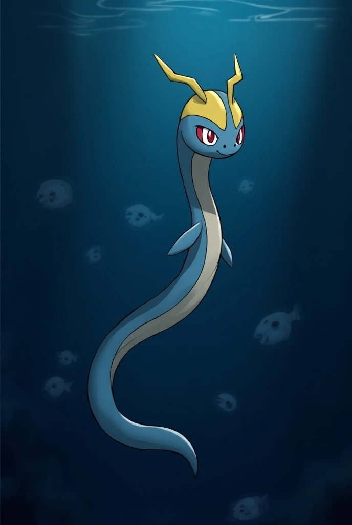  Eel Byss glides through dark depths of the ocean with glowing eyes and shimmering scales .  Mysterious shadow creatures are visible around it .  eel bye is a mainly blue Colored Pokémon with an eel-like build . Its elongated,  limbless body has a continuo...