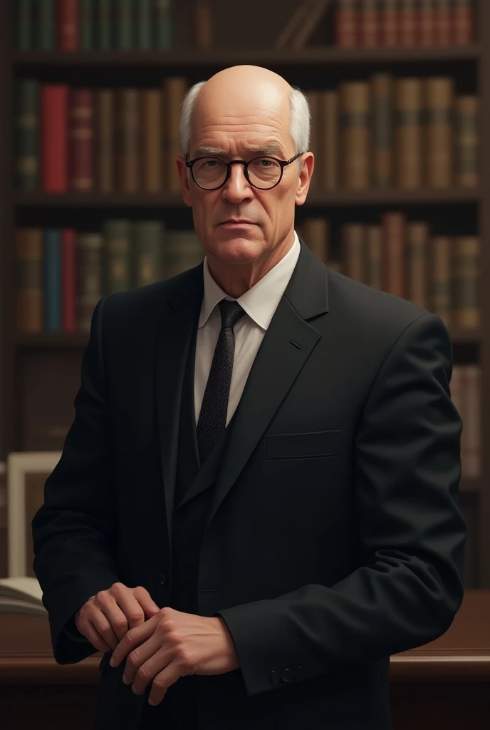 A male pale lawyer, half bald, short, glasses