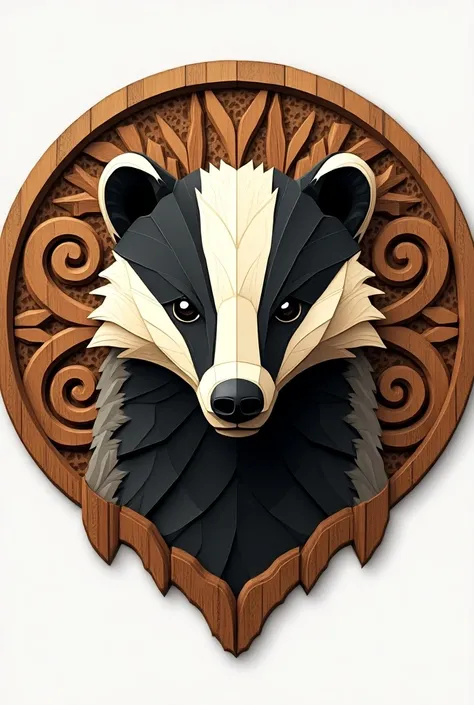 Geometric features recreate the face of a badger, like someone who produces, in a trash polka ,  style around him, woodworking elements carved in a circle, as if produced freehand by a skilled craftsman. The form produced within the scope of a logo 