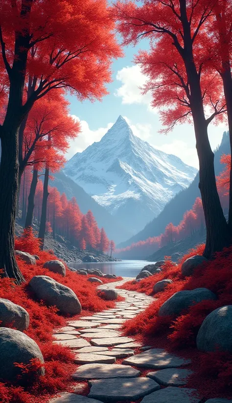 A stunning landscape image featuring a stone path leading through a forest with vibrant red autumn foliage. The scene includes tall trees with bright red leaves forming a canopy overhead, framing a view of distant snow-capped mountains under a cloudy sky. ...