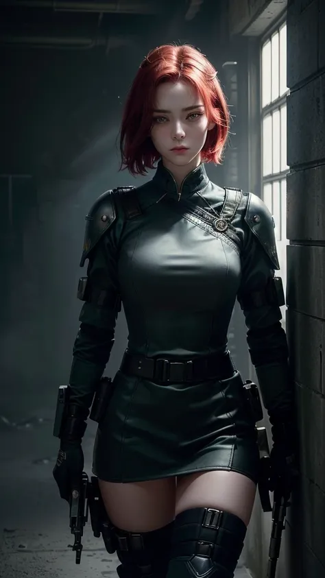 masterpiece, best quality, hyper detailed, beautiful, Full-HD, 16K, absurdres, prison, woman, soldier, determined, serious look, walking, arms crossed, looking at viewer, front view, center part, short hair, forehead, red hair, green eyes, droopy eyes, pal...