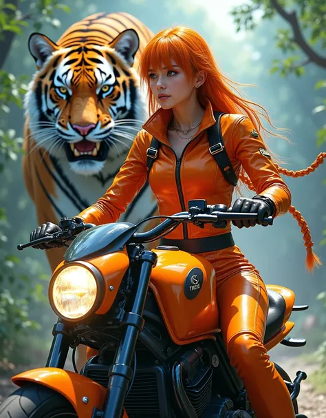  A Beautiful Sexy Ninja Woman With Orange Hair And Blue Eyes In A Beautiful Realistic Orange Leather Suit Riding A Beautiful Orange Motorcycle, With The Background Of A Giant Tiger In A Beautiful Forest With A Beautiful Realistic Landscape ,In a Very Reali...