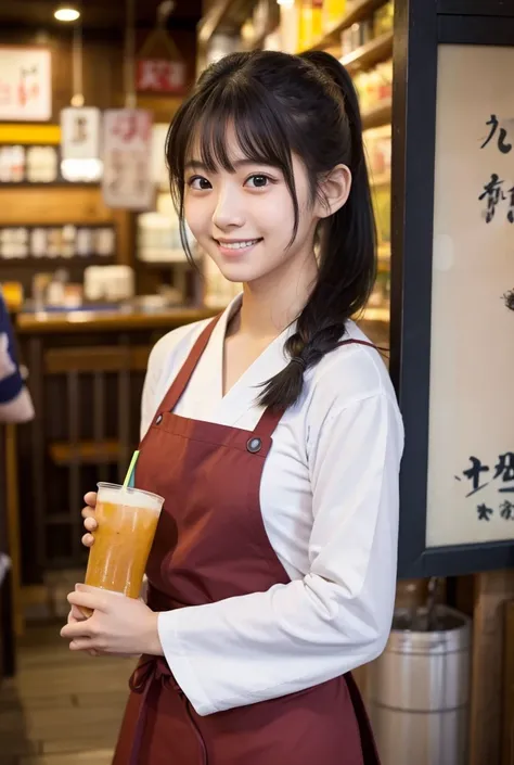  a college student carrying drinks at an izakaya, apron, Inside a crowded store , Upper body details, Detailed Hair,Detailed face,Detailed eyes, Mouth details,Natural look, Detailed hands,Detailed waist , masterpiece,8k,16k,photograph,photographのようにGenuine...