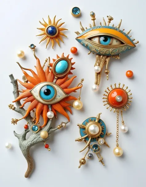 Product Design：Exquisite exaggerated brooches，Cloisonne craft，Baroque pearls and an eye element and gemstone，sun，moon，beeswax，amber，turquoise，wood，coral，Retro， white background for the head only