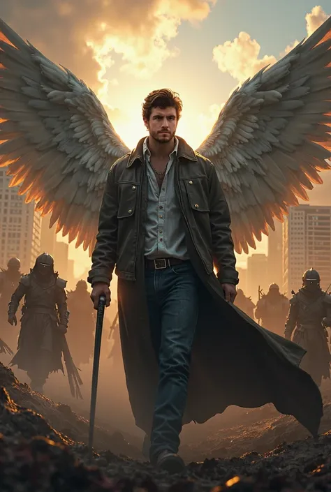 a highly detailed portrait of archangel michael leading his bloody angelic army, ready for battle against the infernal hordes, all with urban wear, cinematic dramatic dark lighting, hyper realistic, 8k, masterpiece