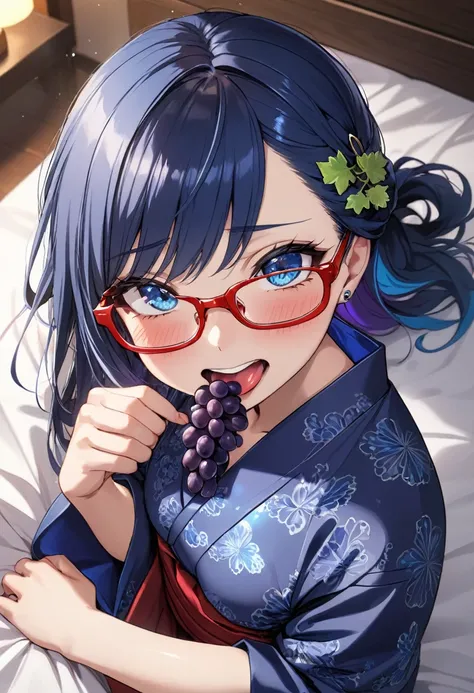 (Best work, High resolution: 1.4), (8K, RAW photo: 1.3), Angle from above, Professional photo, Perfect anatomy, Gaze, Leaning forward, Mature woman, Japanese idol face, (Real: 0.5 ), (eating grapes: 1.5), (grape pattern, red yukata: 1.5), (on the bed sheet...