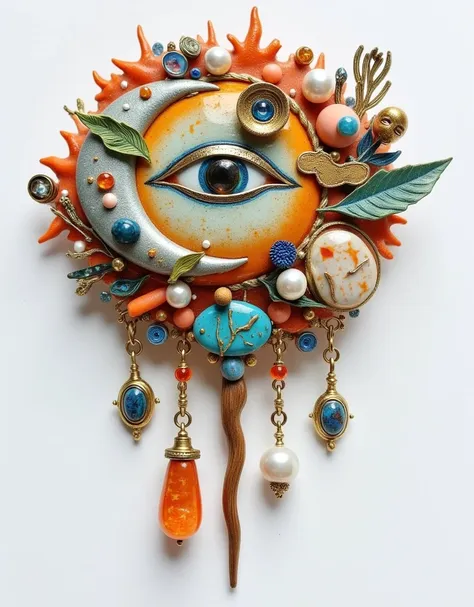 Product Design：hairpin，Exquisite exaggerated hairpin，Cloisonne craft，Baroque pearls and an eye element and gemstone，sun，moon，beeswax，amber，turquoise，wood，coral，Felt，Retro， white background for the head only