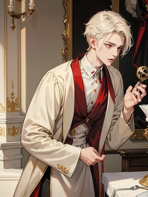 boy, red eyes, cream beige hair. not have expression, sleppy. quiet. he little prince. solo. wear jacket. so short hair. he is vampire. Background in luxurious mansion. he little