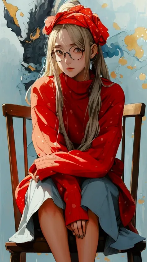 Watercolor-style detailed art  、katsushikahokusai,Woman sitting on chair、blonde、Long Hair、Hair tied up、 Red Oversized Sweater 、 Grey Ruffle Long Skirt  、  black high heels 、Big Round Glasses  、 Holding his knees 、whole body、  Abstract Light Polka Dot Backg...