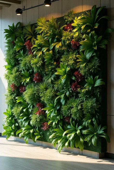 create a vertical garden sintetic on the wall,a harmonious combination of colors and shapes of leaves and grass, pleasing to the eye, natural, various styles and appearances, giving the impression of natural colors, there are dark red green, light green, c...