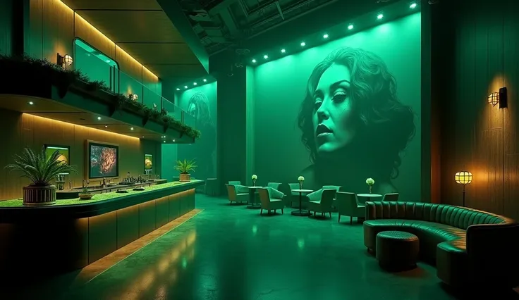 a night club interior with a balcony, large portrait on the wall, greenish lighting,(best quality,4k,8k,highres,masterpiece:1.2),ultra-detailed,(realistic,photorealistic,photo-realistic:1.37),intricate details,dramatic lighting,cinematic,moody atmosphere,n...