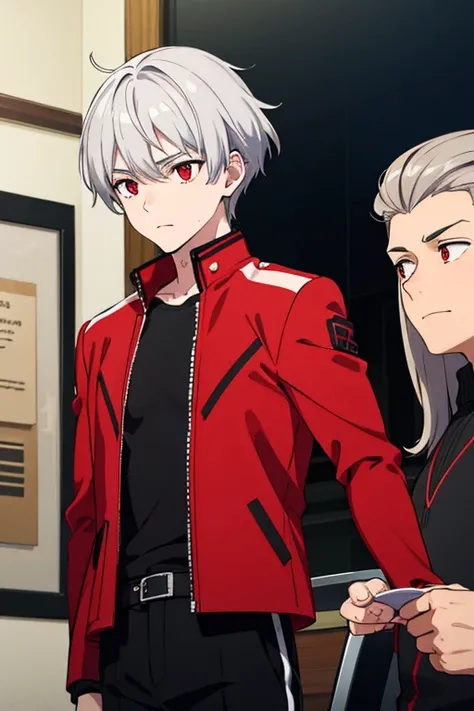 Teenage male with a defined body, silver hair, red eyes, black shirt,  black pants , red jacket