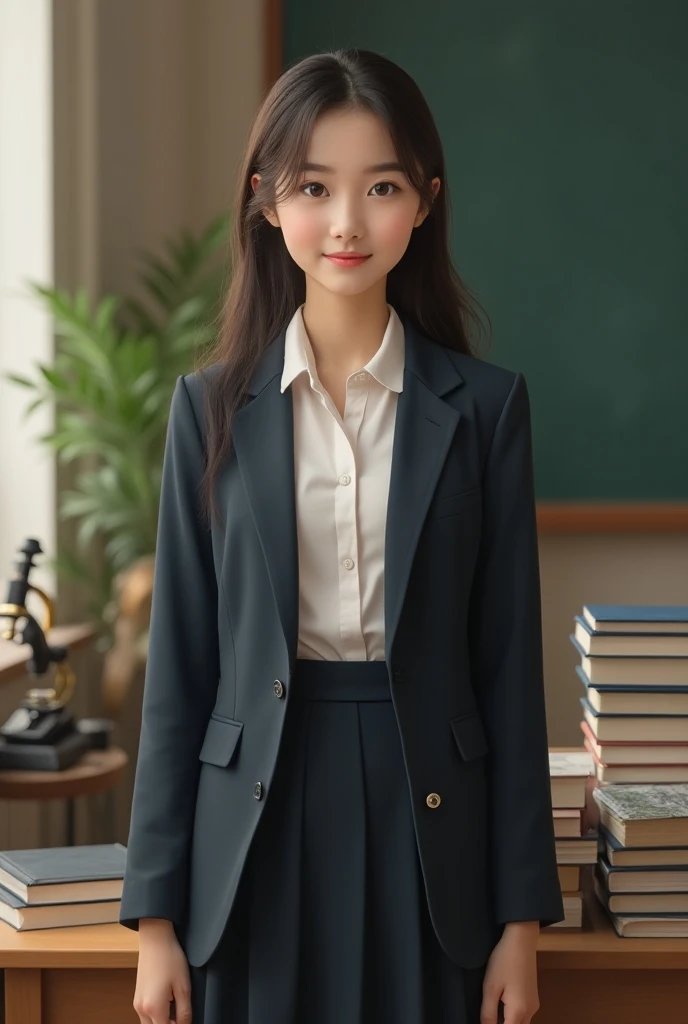 Beautiful girl for school promotion in school dress with book and background also related to school